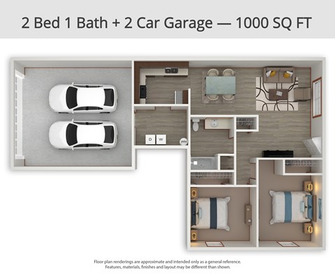 A floor plan of a 2 bedroom, 1 bathroom, and 2 car garage apartment that is 1000 square feet.